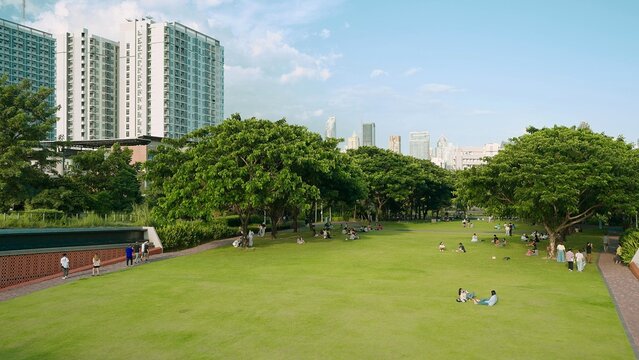 People relax on the green lawn in public green park with cityscape background