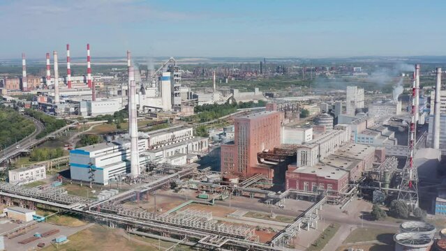 Chemical production: JSC Bashkir Soda Company, production workshops. Aerial view.