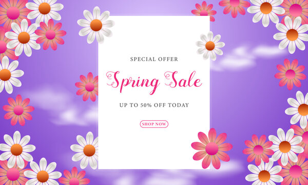 Spring sale banner background template design with colorful flowers for social media cards, vouchers, posters, flyers, invitations, and brochures.