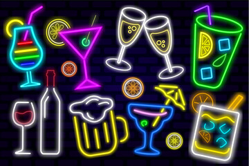 Neon icons in the form of alcohol and alcoholic drinks. Bright cocktails. Wine, martini, whiskey, majito, beer, champagne. © Viktoria Orlova
