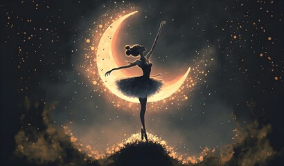 a ballerina dancing with fireflies against the crescent moon, digital art style, illustration painting, Generative AI - obrazy, fototapety, plakaty