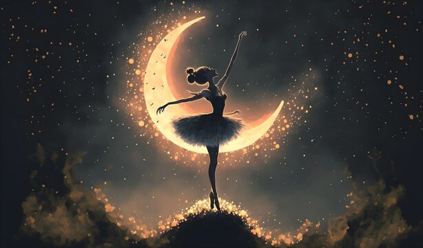Fototapeta a ballerina dancing with fireflies against the crescent moon, digital art style, illustration painting, Generative AI