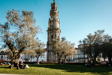 Obraz premium Clerigos Tower seen from the square's lawn. Tourists resting in the shade of olive trees. Porto, Portugal