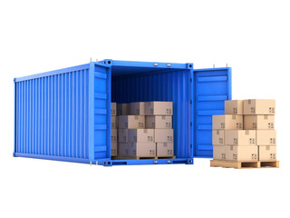Open shipping container full of cardboard boxes on white background 3d rendering