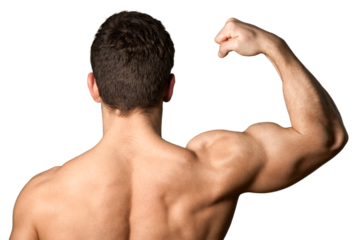 Shirtless male flexing his bicep muscle