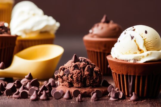 Chocolate and Vanilla Ice Cream Scoops with Mouth-Watering Dripping Chocolate and Choco Chips - Tempting Sweet Treat for Summer Parties and Celebrations
