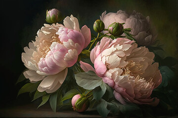 Delicate peony bouquet. Luxurious flowers on dark background. AI