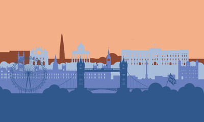Illustration of england london city silhouette with various buildings, monuments, tourist attractions
