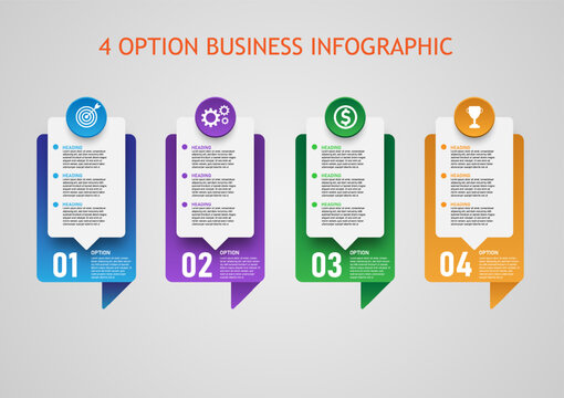 4 infographic options multi colored vertical squares circle and icon centered with gray gradient background design for business planning,finance,investment,success