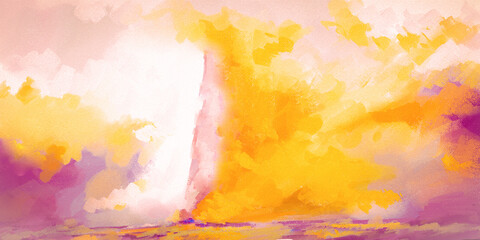 Obraz na płótnie Canvas Impressionistic, Vibrant Sailboat at Sunset on a Journey to Shore - Yellow & Purple - Digital Design, Art, Artwork, Illustration - Background, Border, Backdrop, or Wallpaper