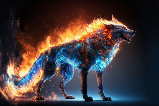 Chimera wolf and dragon fire and ice. Generative AI.
