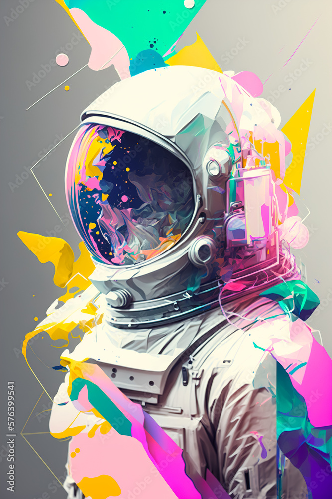 Wall mural modern illustration with an astronaut in a spacesuit on a background of colored paint in pastel shad