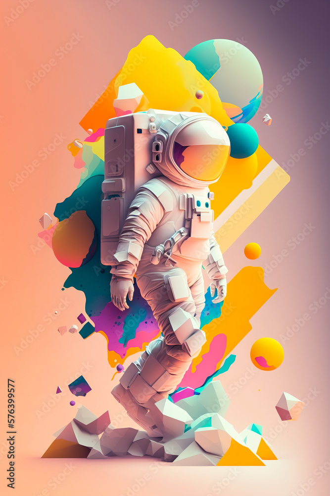 Wall mural illustration with an astronaut in a suit on a background of colorful 3d graphics. generative ai