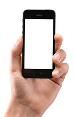 Human hand shows mobile smartphone with blank screen