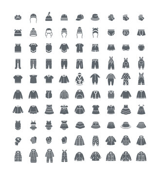 Baby clothes silhouette icons. Simple solid pictograms for kids clothing shop. Children textile wardrobe garments. Basic outfit for toddler, little boy or girl. Shirts, pants, jackets, dresses, coats