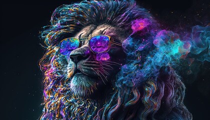Un lion portant des lunettes de soleil réfléchissantes avec des tourbillons de rose néon ultraviolet.