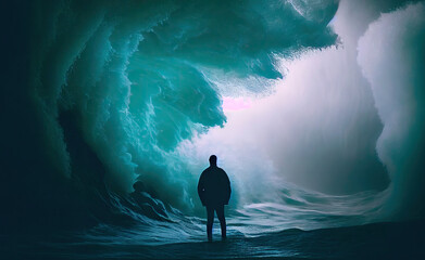 Melancholy man alone looking a big wave. Ai generated