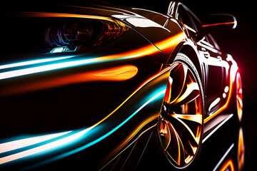 Obraz na płótnie Canvas Close up view of a generic and unbranded sport car illuminated by colorful lights, generative ai illustration
