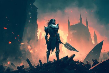 knight with twin swords standing on the rubble of a burnt city, digital art style, illustration painting, Generative AI