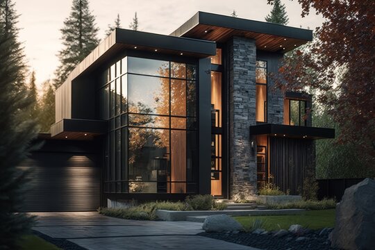 A Stunning Fusion of Metal and Glass: Experience Advanced Technology in a High-Tech House with Minimalist Exterior and Smart Home System., generative AI