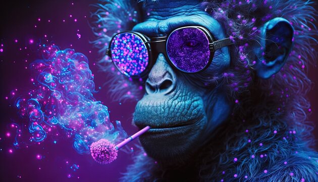Un singe portant des lunettes de soleil réfléchissantes avec des tourbillons de rose néon ultraviolet.