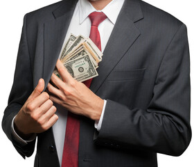 Pocketing company money.  businessman placing money into his pocket