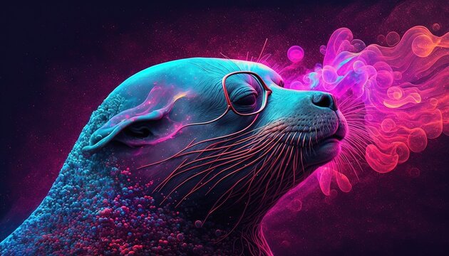 Un lion de mer portant des lunettes de soleil r&eacute;fl&eacute;chissantes avec des tourbillons de rose fluo ultraviolet.