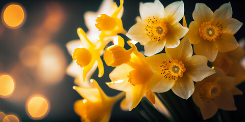 Beautiful Panoramic Spring Nature background with Daffodil Flowers, selective focus. AI Generated