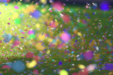 Colorful confetti on the party grass. Made with Generative AI