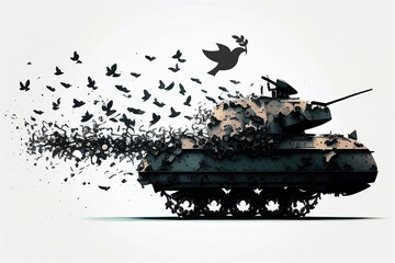 War tanks transforming into peace pigeons. Concept of the end of war, peace, hope for the end of the conflict, freedom for the people. Generated AI