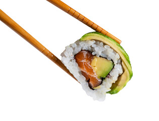 Chopsticks hold a Maki sushi with salmon and avocado © Miquel