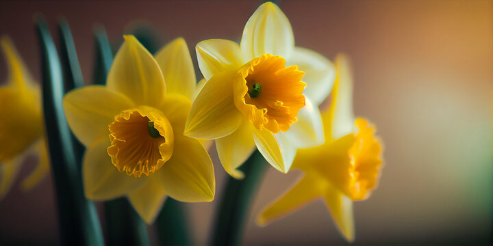 Beautiful Panoramic Spring Nature background with Daffodil Flowers, selective focus. AI Generated