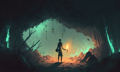 Man with a lantern explores the ancient cave of darkness, digital art style, illustration painting, Generative AI