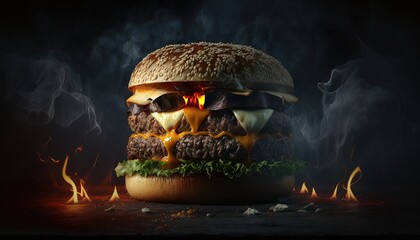 Un gros hamburger avec du fromage et des l&eacute;gumes. Id&eacute;al comme promotion de produits alimentaires.