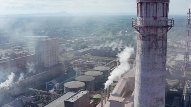 Chemical production: JSC Bashkir Soda Company, production workshops. Aerial view.