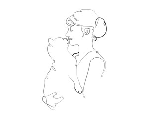 Woman Holding Cat with Silhouette Line Art Style