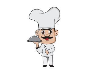Happy Chef Holding and Serving Dish Illustration with Cartoon Style
