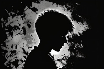 Silhouette of an teenager boy with depression. Mental health concept. Generative AI