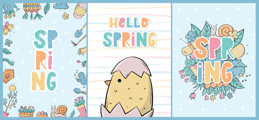 set of spring greeting cards, nursery posters, prints, templates decorated with doodles and quotes. Good for wall art, apparel decor. EPS 10