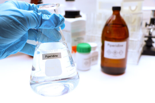 Piperidine in glass, chemical in the laboratory and industry