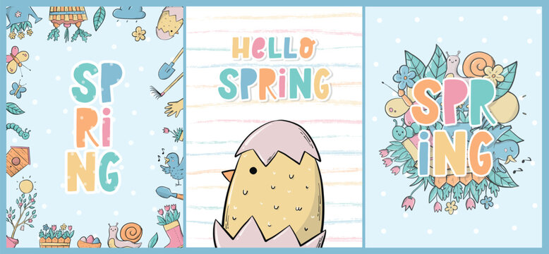 set of spring greeting cards, nursery posters, prints, templates decorated with doodles and quotes. Good for wall art, apparel decor. EPS 10