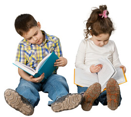 Little Girl and Boy Reading a Book, Isolated on Transparent Background