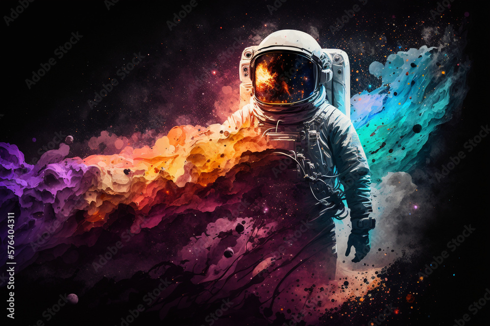 Wall mural an astronaut explodes through a colorful nebula, generative ai