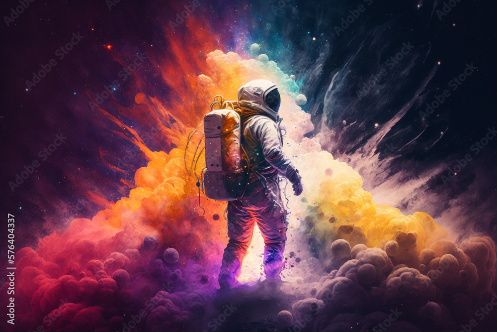 Wall mural an astronaut explodes through a colorful nebula, generative ai