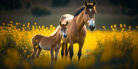 Mare with foal in meadow. Post-processed generative AI	
