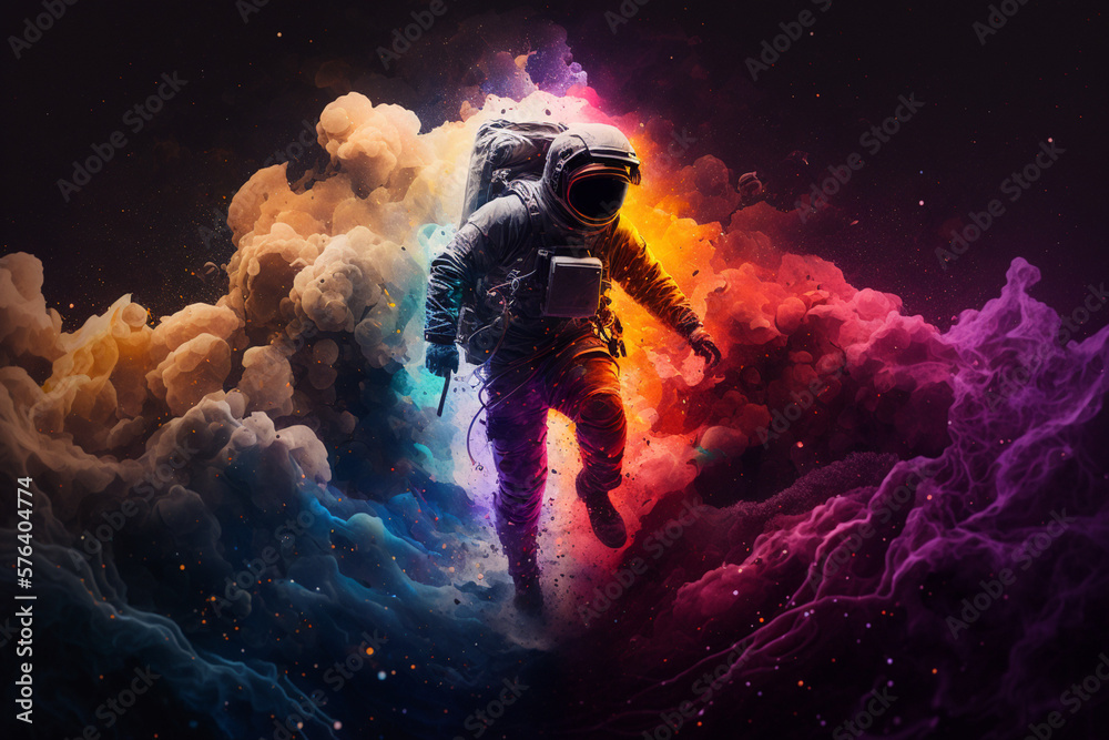 Wall mural an astronaut explodes through a colorful nebula, generative ai