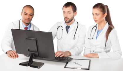 Portrait of Doctors Looking at Computer Monitor and Writing on Clipboard