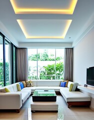 A modern living room with a beautiful white marble table between 2 white sofas
