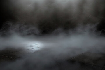 Fototapeta na wymiar Mist In The Dark - Smoke On Gray floor - Halloween Background Generative AI