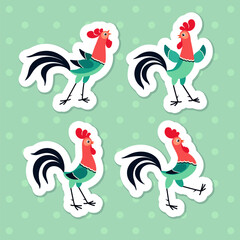 Colorful cartoon rooster sticker pack. Vector illustration
